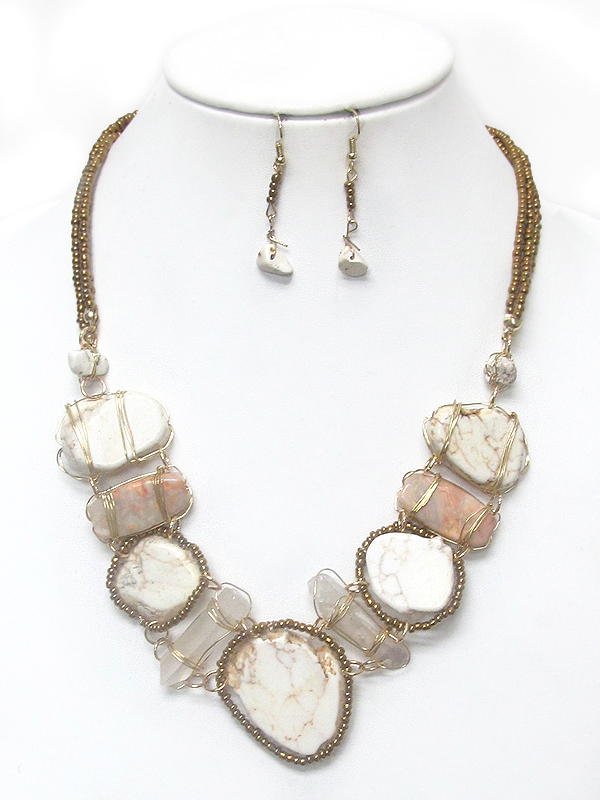 3 layer seedbeads wire wrapped stone necklace set
