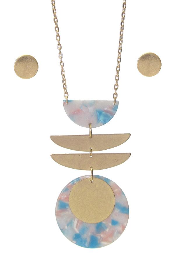 Organic cellulose and metal disc mix pendant long chain necklace set