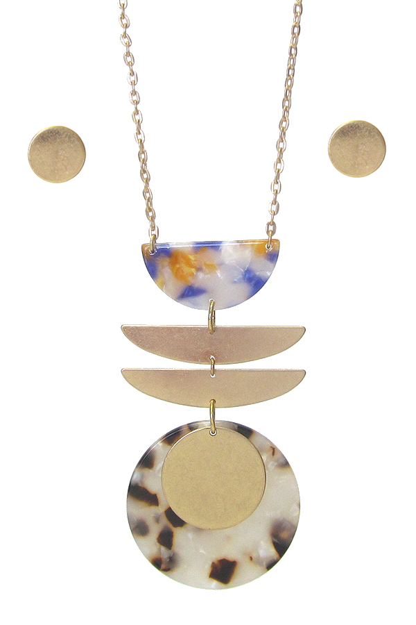 ORGANIC CELLULOSE AND METAL DISC MIX PENDANT LONG CHAIN NECKLACE SET
