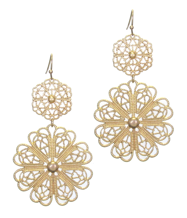 METAL FILIGREE DOUBLE FLOWER DROP EARRING