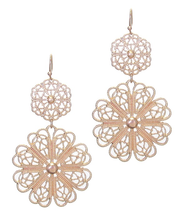 METAL FILIGREE DOUBLE FLOWER DROP EARRING