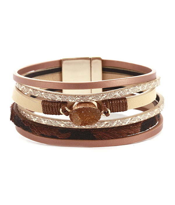 Druzy and multi layer leatherette magnetic bracelet