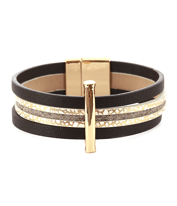 METAL BAR AND MULTI LAYER LEATHERETTE MAGNETIC BRACELET