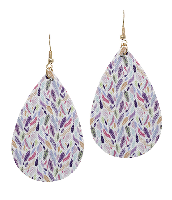 Feather print faux leather teardrop earring