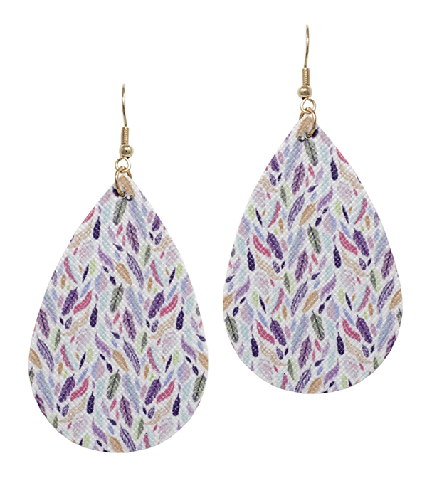 FEATHER PRINT FAUX LEATHER TEARDROP EARRING