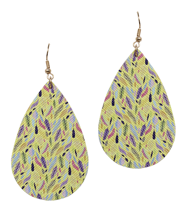 Feather print faux leather teardrop earring