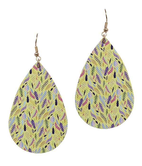 FEATHER PRINT FAUX LEATHER TEARDROP EARRING