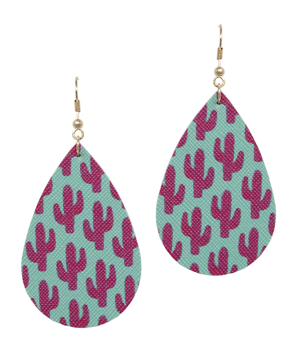 CACTUS PRINT FAUX LEATHER TEARDROP EARRING