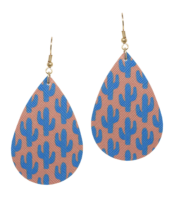 CACTUS PRINT FAUX LEATHER TEARDROP EARRING