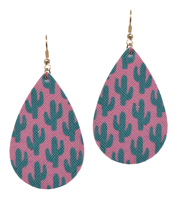 CACTUS PRINT FAUX LEATHER TEARDROP EARRING