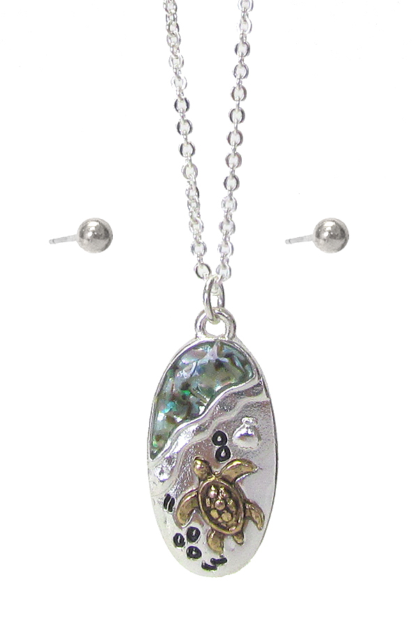 SEALIFE THEME ABALONE PENDANT NECKLACE SET - TURTLE