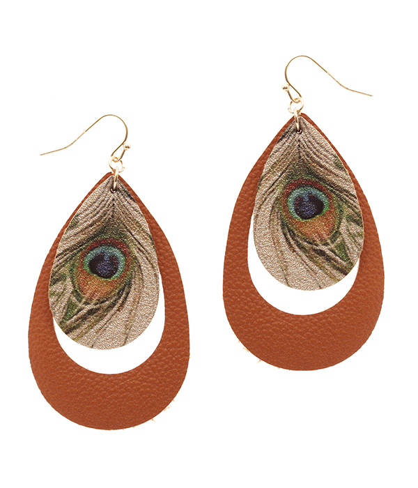 PEACOCK FEATHER PRINT TEARDROP LEATHERETTE EARRING