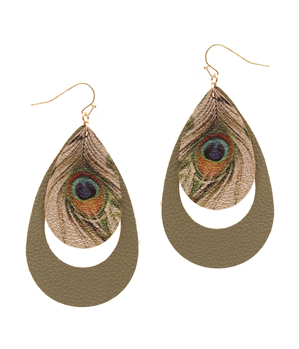 PEACOCK FEATHER PRINT TEARDROP LEATHERETTE EARRING