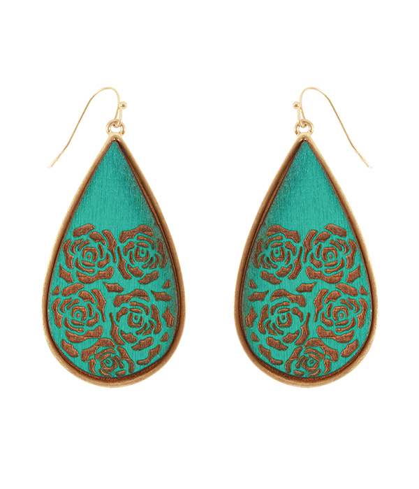 ROSE PATTERN LEATHERETTE TEARDROP EARRING