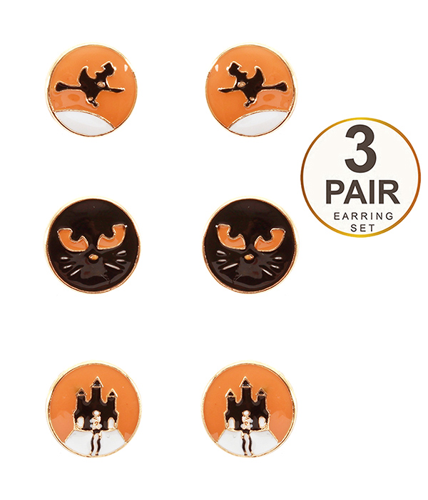 HALLOWEEN THEME 3 PAIR EARRING SET - CAT WITCH