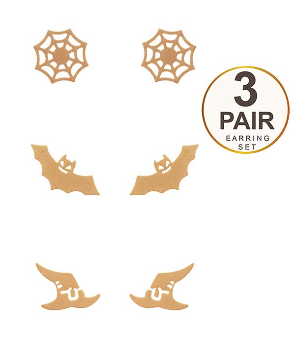 HALLOWEEN THEME 3 PAIR METAL EARRING SET - BAT
