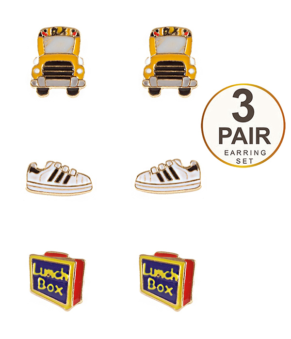 SCHOOL THEME 3 PAIR METAL EARRING SET - BUS LUNCH BOX