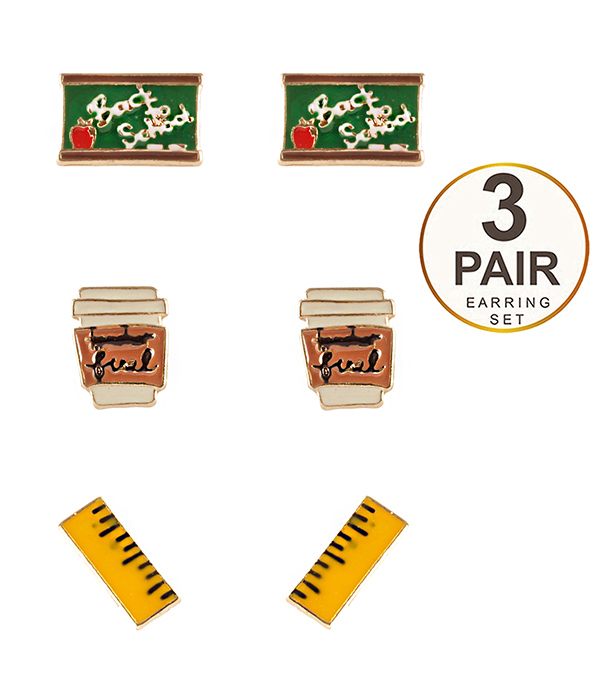 School theme 3 pair metal earring set - back to school