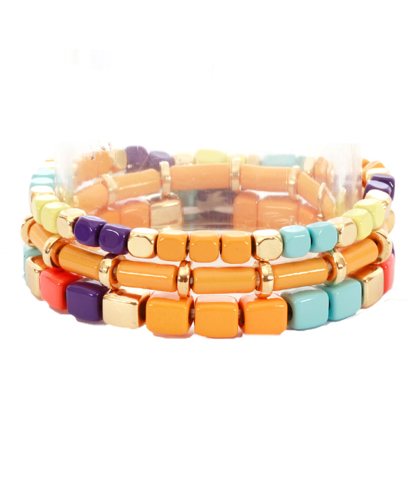 MULTI METAL CUBE MIX 3 PAIR STRETCH BRACELET SET