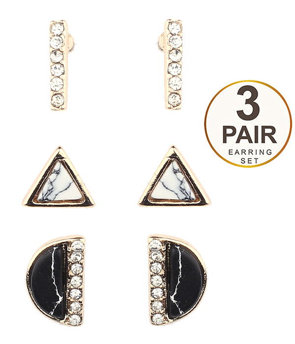 Crystal and natural stone mix 3 pair earring set
