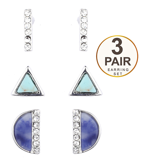 Crystal and natural stone mix 3 pair earring set