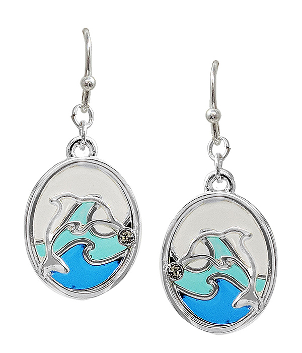Sealife theme stained glass window inspired mosaic earring - dolphin and wave