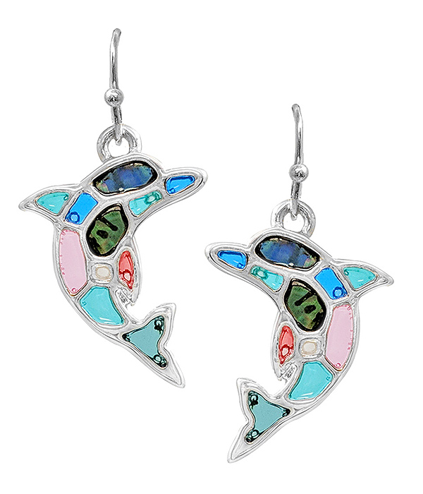Sealife theme stained glass window inspired mosaic earring - dolphin