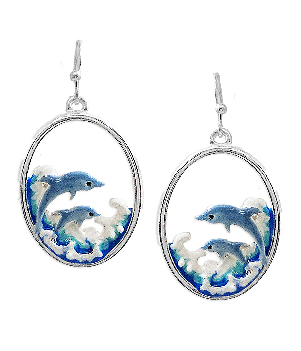 Sealife theme epoxy oval earring - dolphin