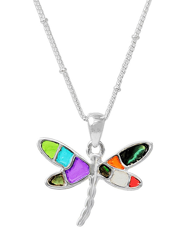 Garden theme stained glass window inspired mosaic pendant necklace - dragonfly