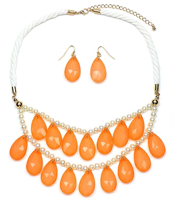 Teardrop stone dangle double layer necklace set