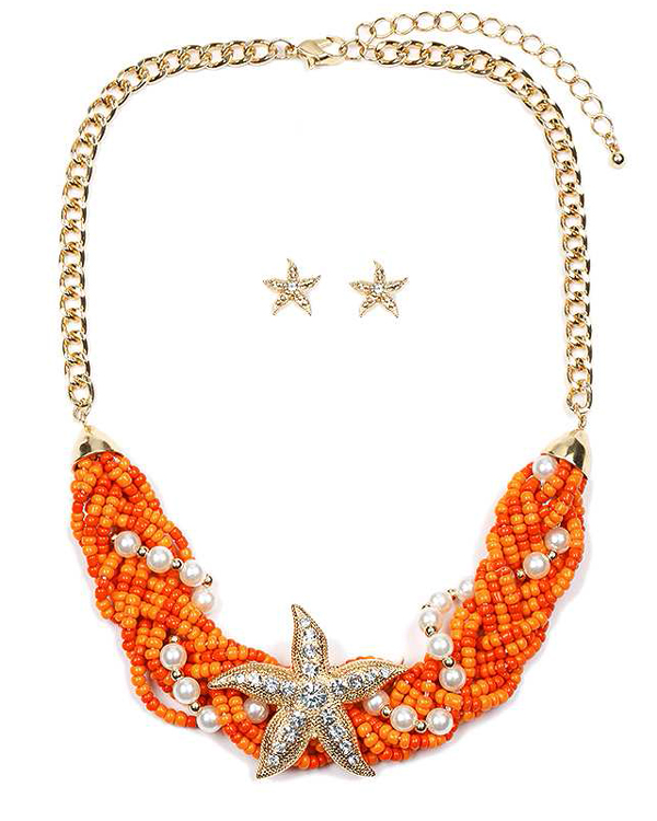 Starfish and seedbead and pearl mix necklace set
