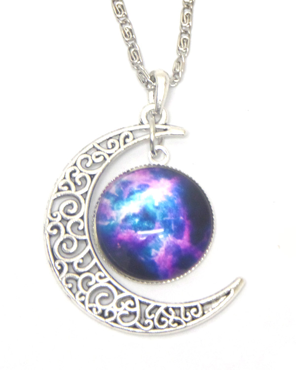 Metal filigree moon and galaxy cabochon necklace