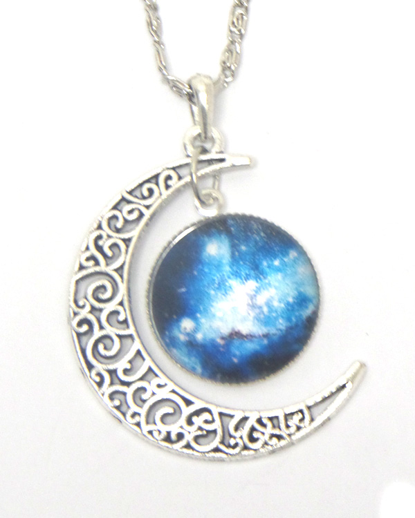 Metal filigree moon and galaxy cabochon necklace