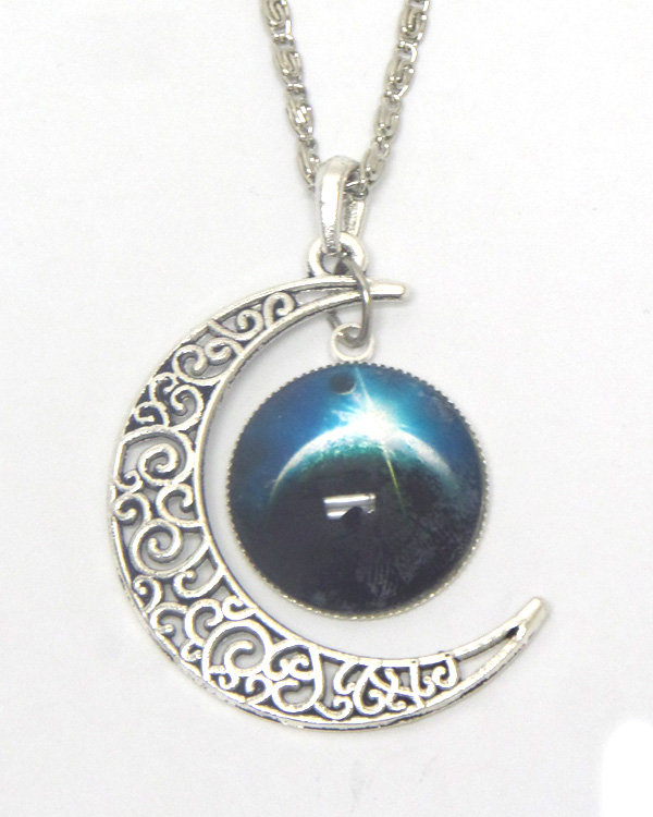 Metal filigree moon and galaxy cabochon necklace