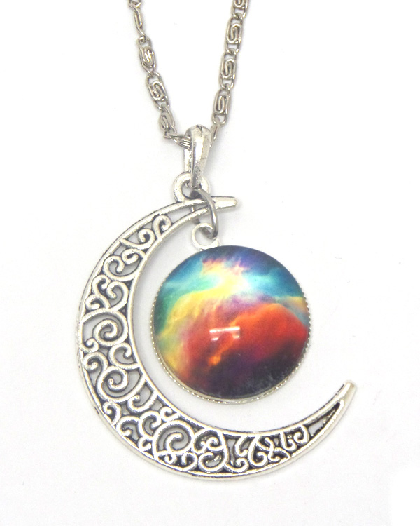 Metal filigree moon and galaxy cabochon necklace