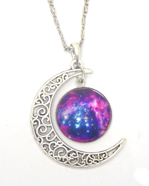 Metal filigree moon and galaxy cabochon necklace