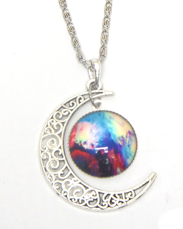 Metal filigree moon and galaxy cabochon necklace