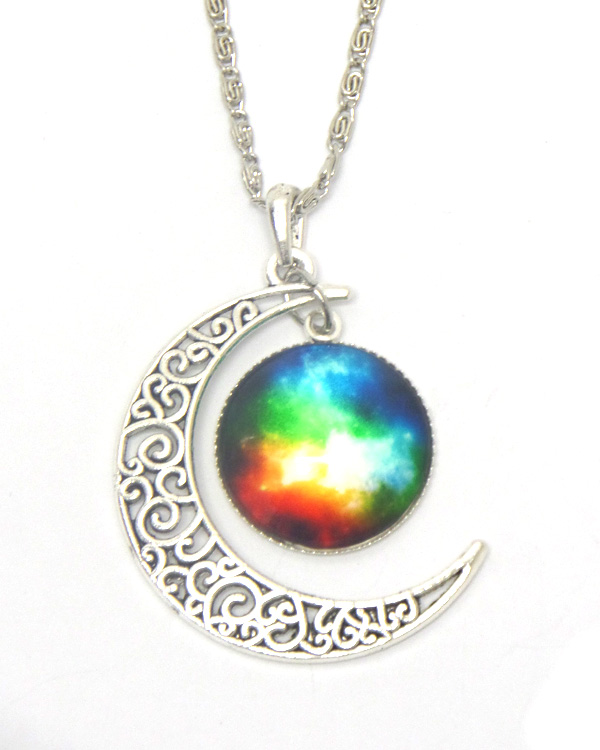 Metal filigree moon and galaxy cabochon necklace