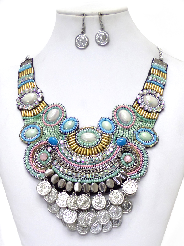 Bohemian style multi beaded drop coins necklace set
