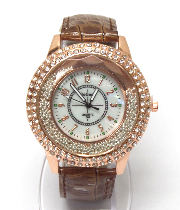 Mother of pearl face leatherette band watch