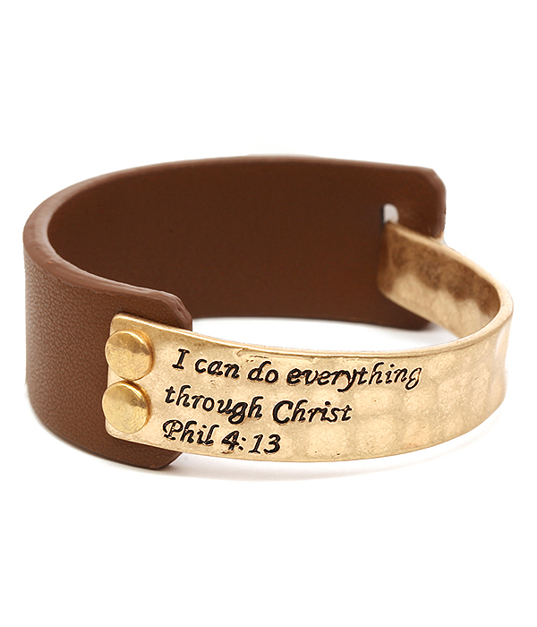 Religious inspiration message metal and leather bangle bracelet - phil 4:13