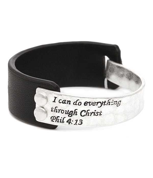 RELIGIOUS INSPIRATION MESSAGE METAL AND LEATHER BANGLE BRACELET - PHIL 4:13