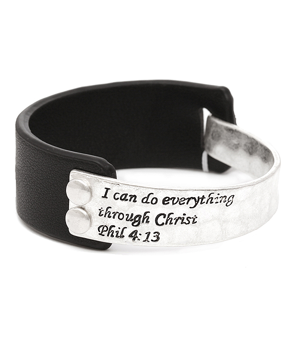 Religious inspiration message metal and leather bangle bracelet - phil 4:13