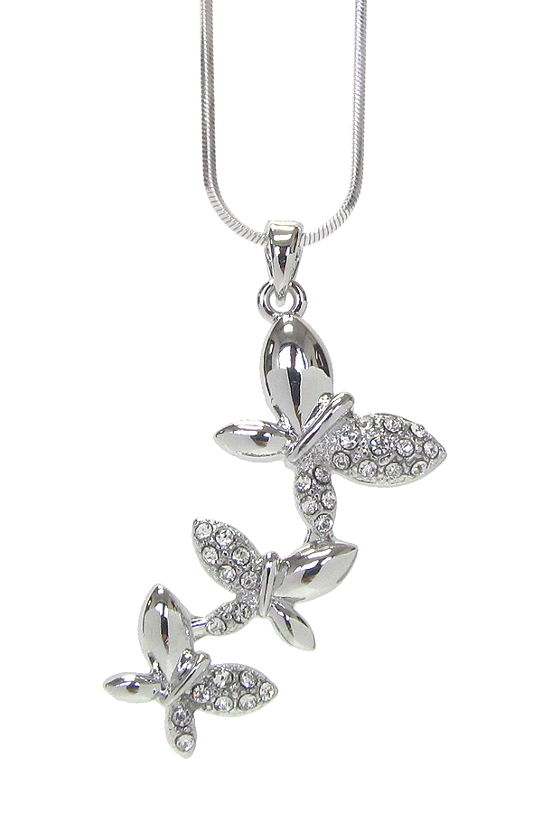 WHITEGOLD PLATING CRYSTAL TRIPLE BUTTERFLY PENDANT NECKLACE