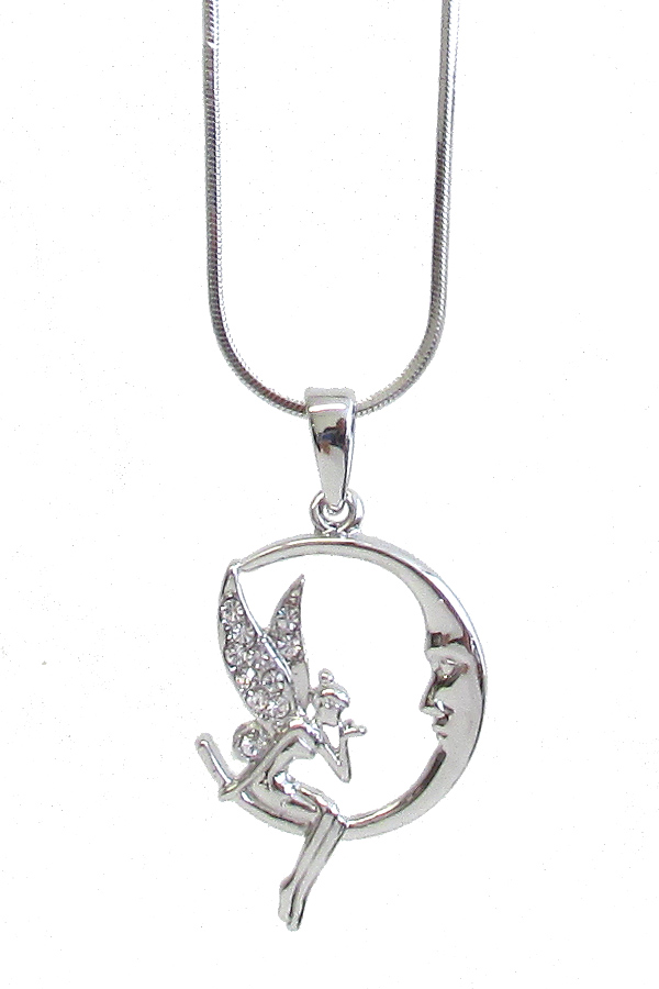 WHITEGOLD PLATING CRYSTAL FAIRY AND MOON PENDANT NECKLACE