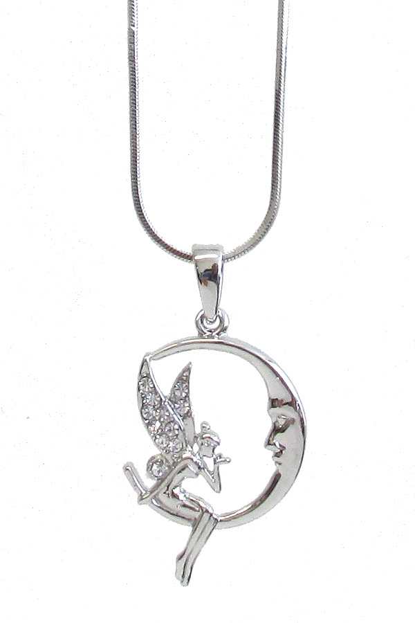 Made in korea whitegold plating crystal fairy and moon pendant necklace