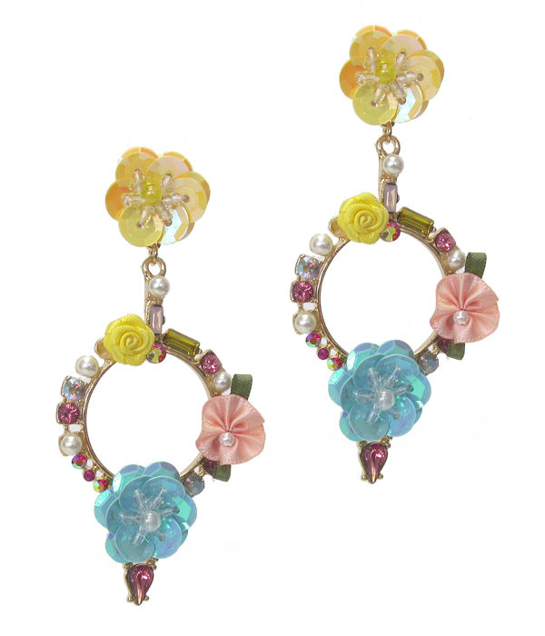 MULTI CRYSTAL AND PEARL MIX HOOP AND FLOWER ACCENT EARRING
