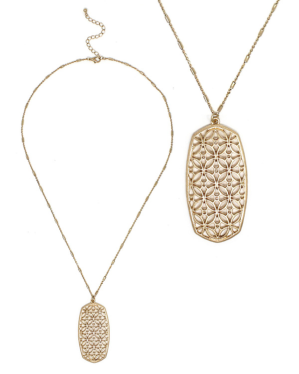 Metal filigree oval pendant long necklace