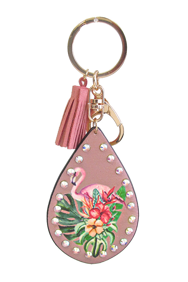 Tropical theme leatherette key chain - flamingo