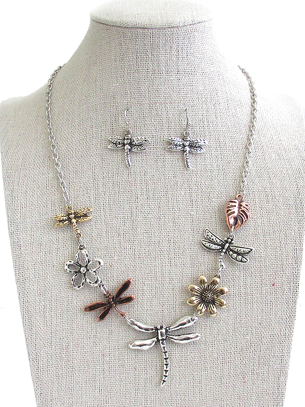 GARDEN THEME MULTI CHARM LINK NECKLACE SET - DRAGONFLY AND FLOWER